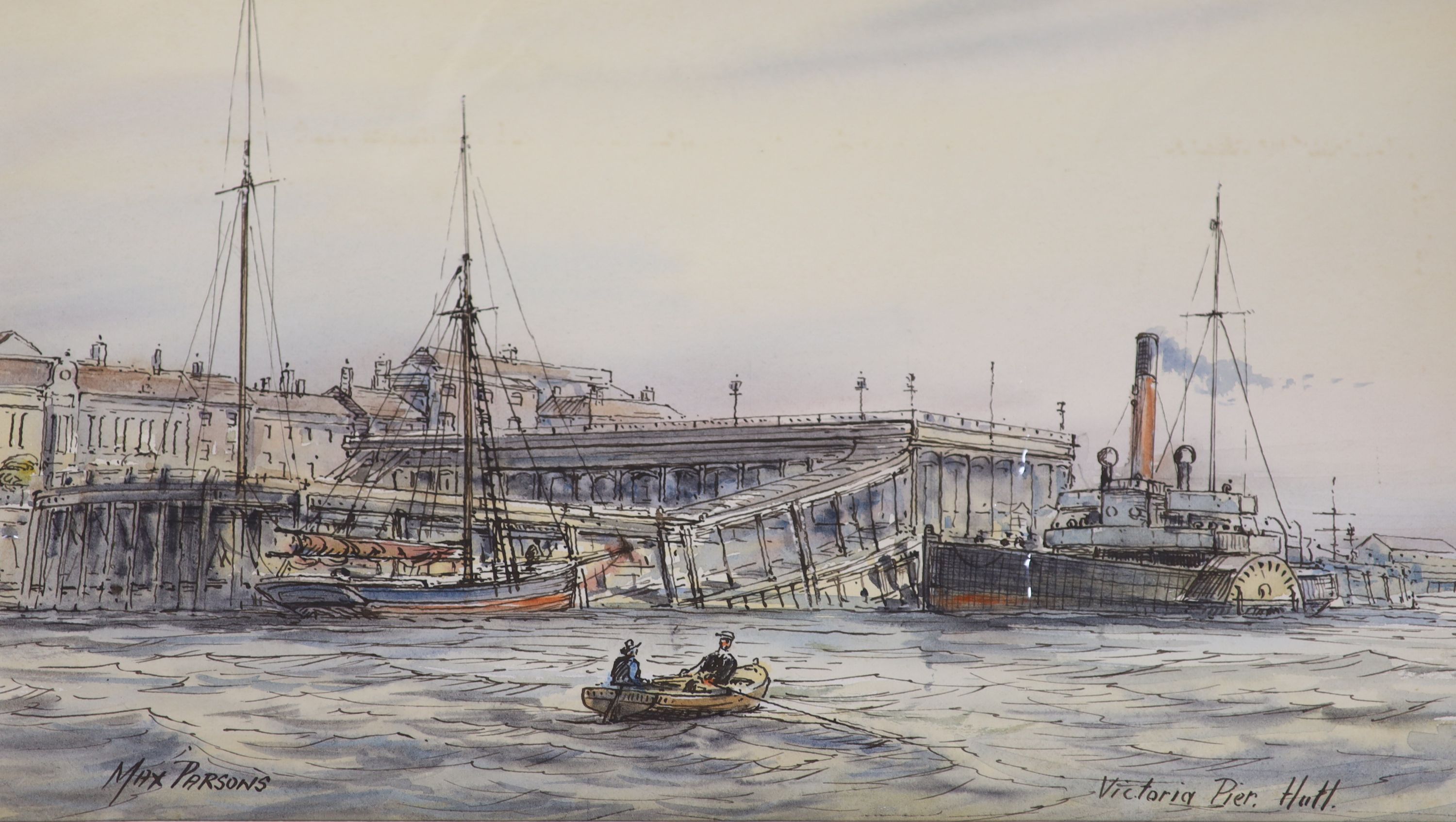 Max Parsons A.R.C.A. (1915-1998), a watercolour of 'Princes Pier', Hull and three other Hull-related items